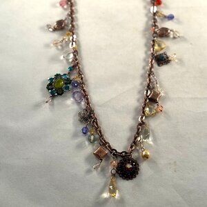 Long copper chain necklace with many different charms, excellent vintage